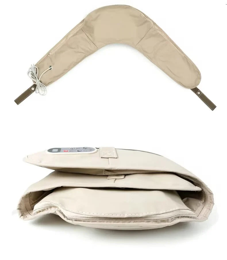 Châle électrique massage corporel Shiatsu – châle beige plié avec texture douce et télécommande visible