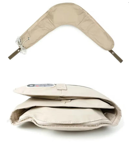 Châle électrique massage corporel Shiatsu – châle beige plié avec texture douce et télécommande visible