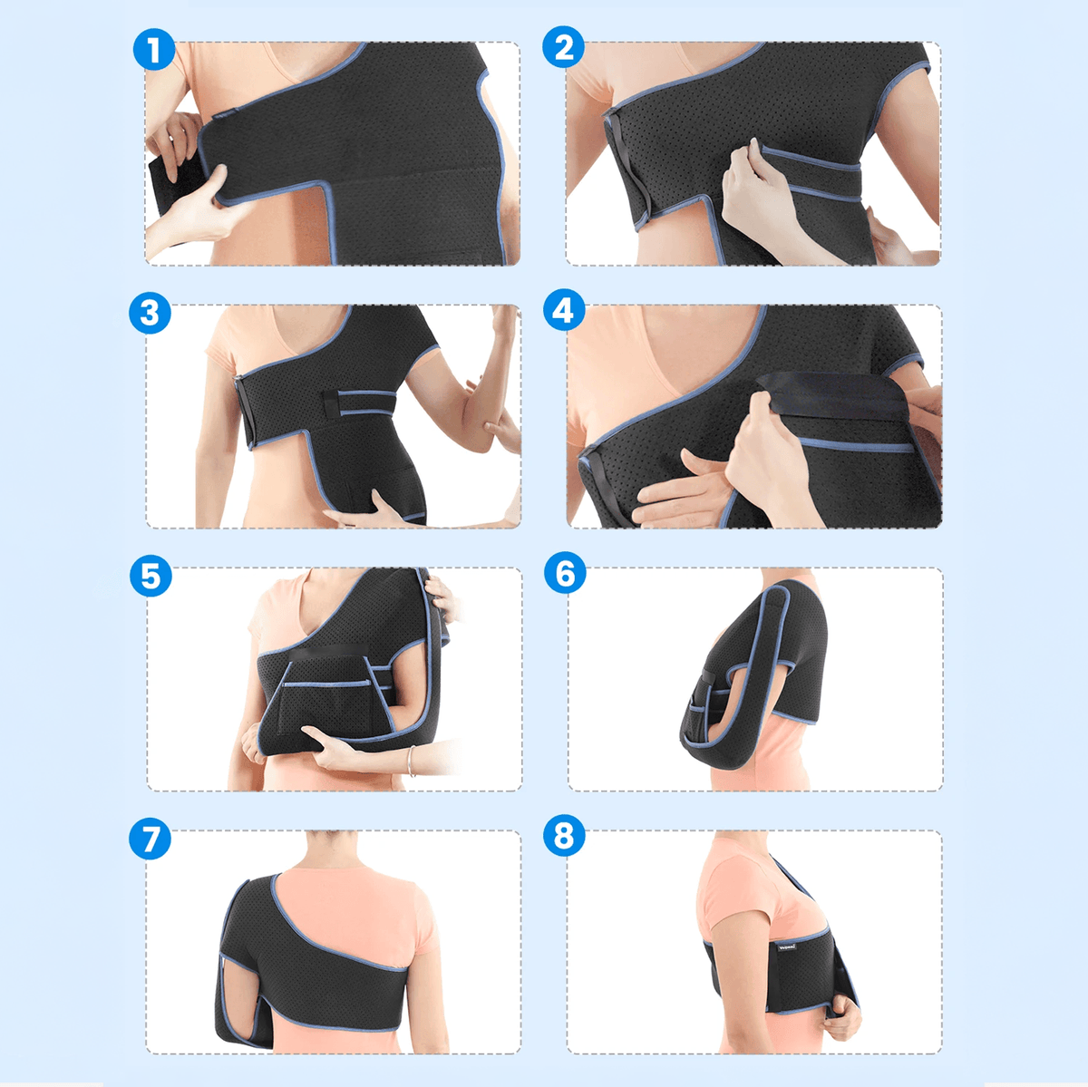 Attelle bras épaule – démonstration de l'ajustement sur une personne, mettant en avant le tissu mesh respirant et les détails de la conception.