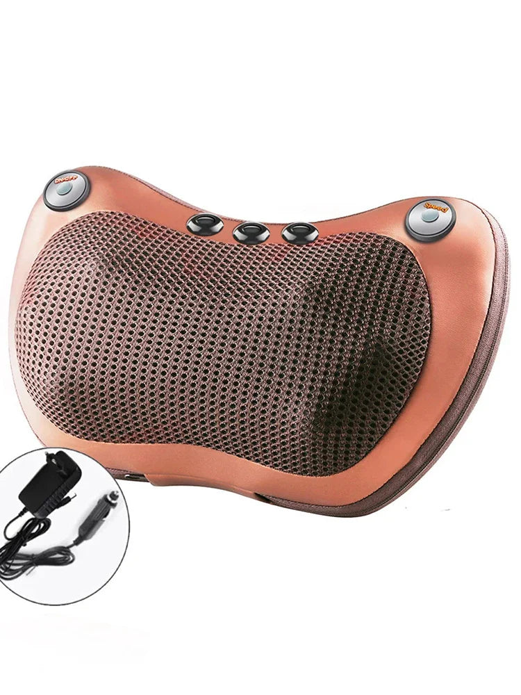 Oreiller de massage pour le dos – vue de l'oreiller en mesh cuivré avec boutons de contrôle et câble d'alimentation visible