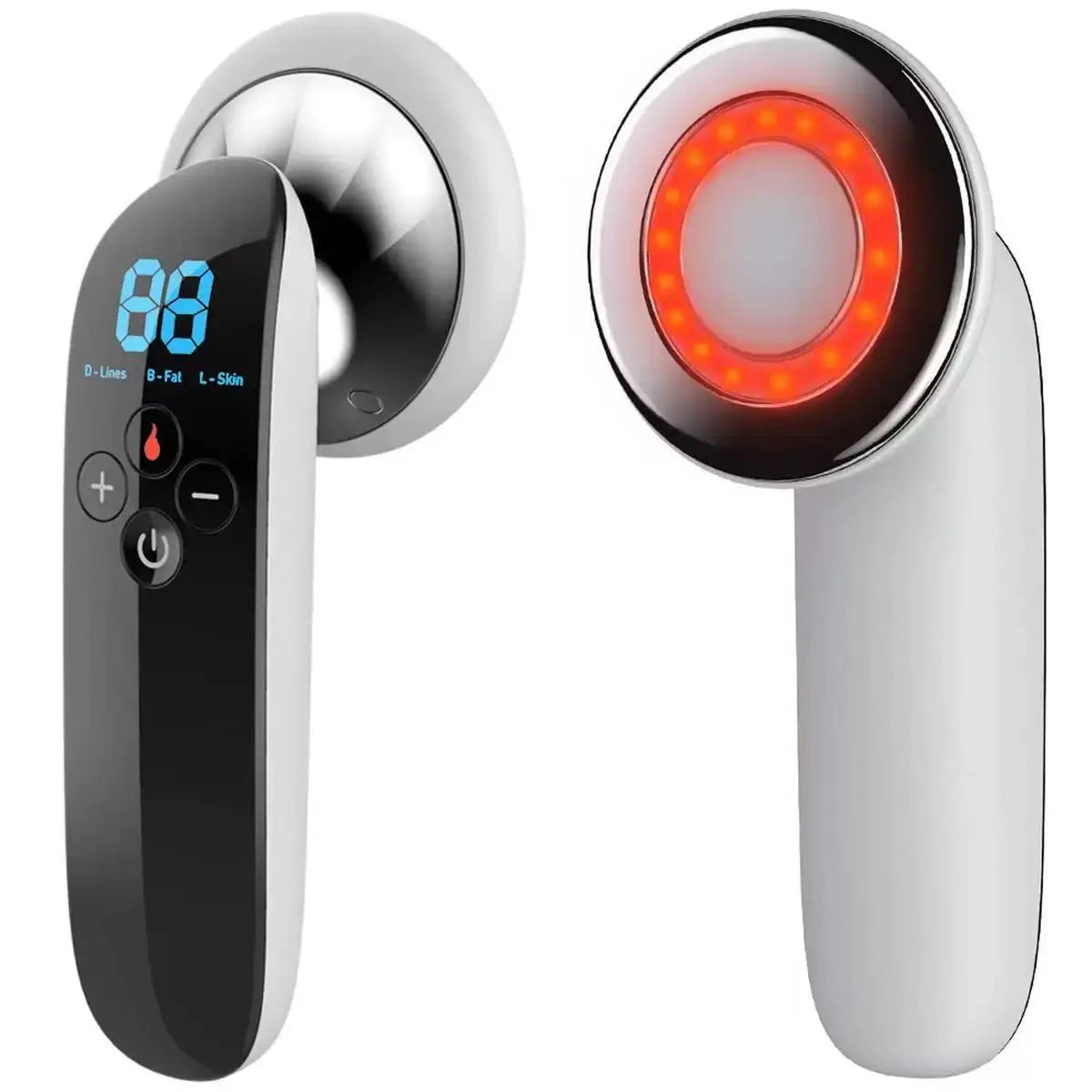 Appareil anticellulite fréquence radio - Vue de face avec écran numérique et tête émettrice lumineuse, design élégant en plastique blanc et argenté.
