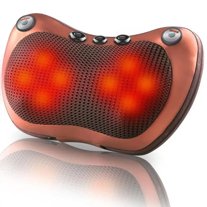 Oreiller de massage pour le dos – vue de face avec zones de massage illuminées, design en mesh noir et boutons de contrôle argentés