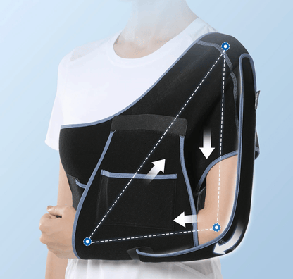 Attelle bras épaule – vue rapprochée montrant le soutien du bras gauche avec des détails de conception ergonomique et tissu mesh respirant.