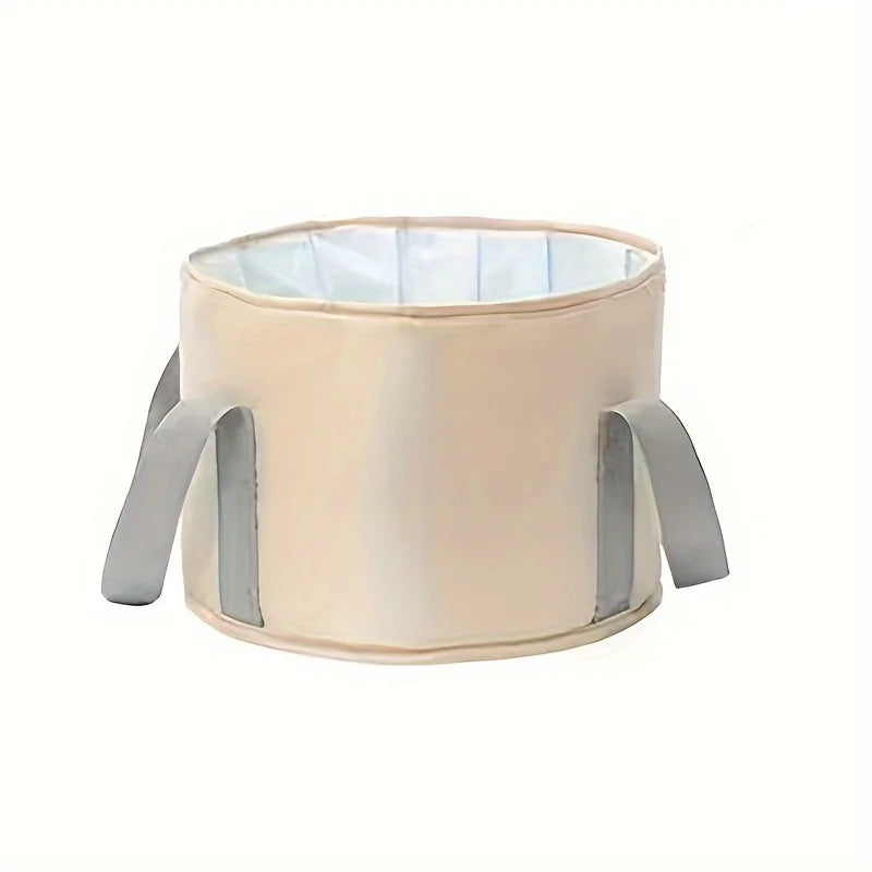 Bain de pied - Baignoire pliante avec préservation de chaleur, vue de face, couleur beige, avec poignées grises et intérieur isolant.