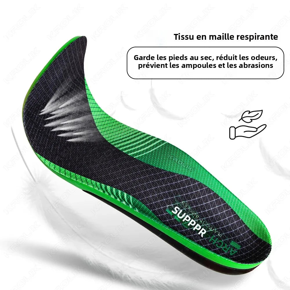 Collection Mode - Semelles orthopédiques confortables avec absorption des chocs, design moderne en vert et noir avec tissu en maille respirante.