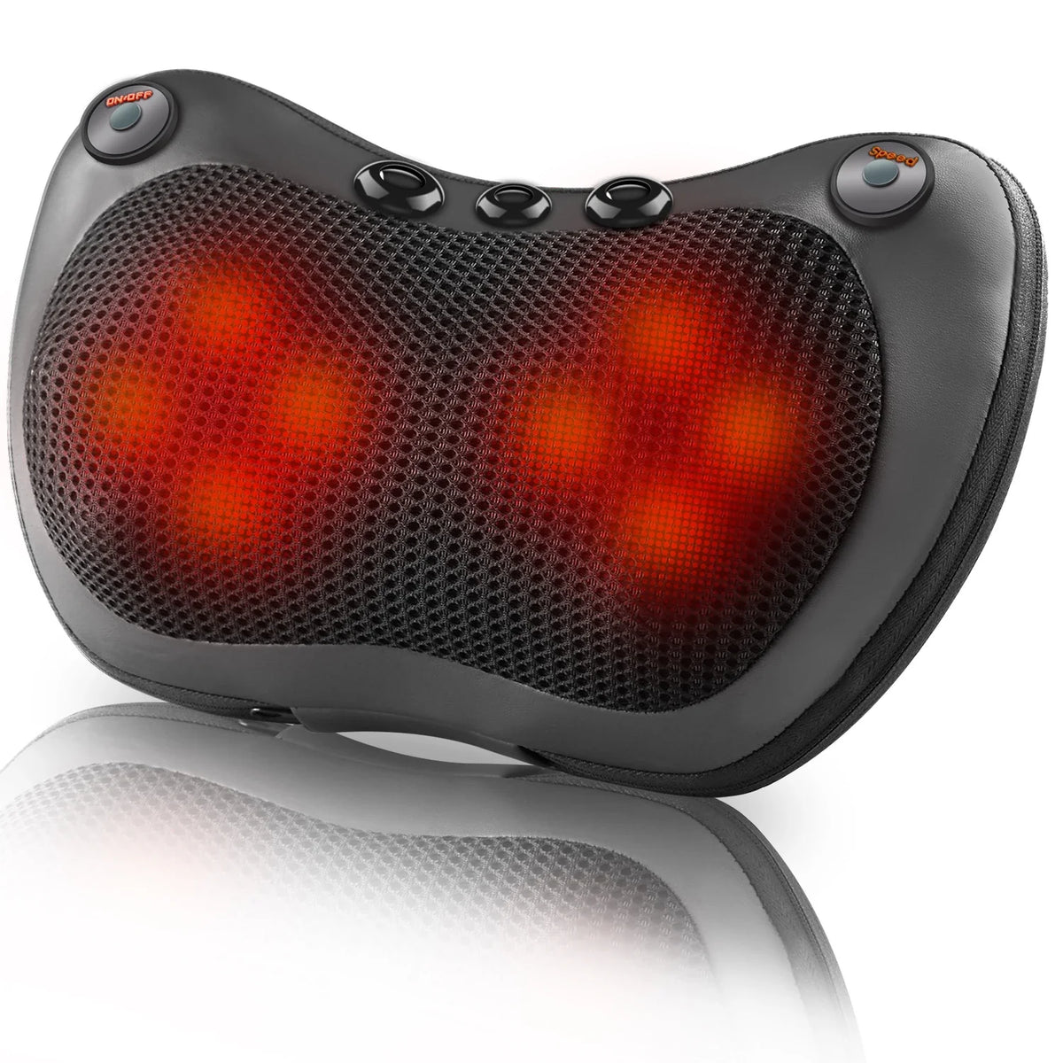Oreiller de massage pour le dos – vue de face avec éclairage rouge des zones de massage, design en mesh noir et boutons de contrôle