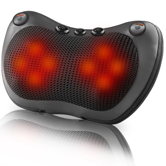 Oreiller de massage pour le dos – vue de face avec éclairage rouge des zones de massage, design en mesh noir et boutons de contrôle