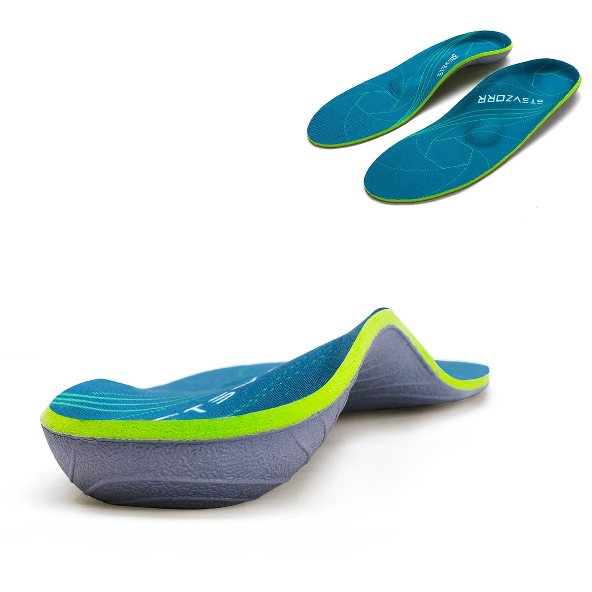 Collection Mode - Semelles orthopédiques pour soutien plantaire – Semelles bleu et vert avec courbure ergonomique et texture antidérapante.