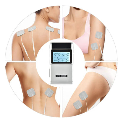 Appareil de Massage à Impulsions Électriques ElectroTherapy Massager – vue d'utilisation avec électrodes placées sur le dos et les cuisses