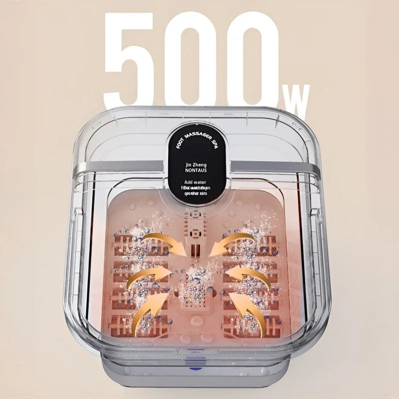 Bain de pied - Bassin pliable électrique avec massage et chauffage – vue intérieure avec rouleaux de massage et indication de puissance 500W