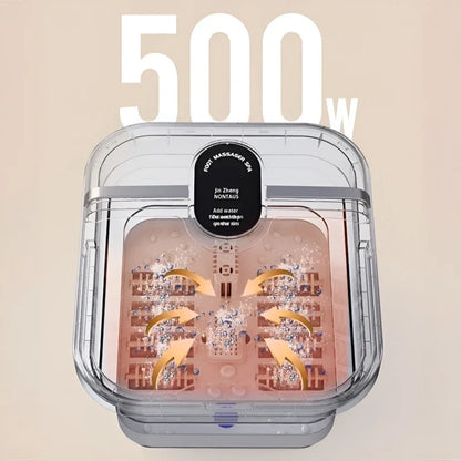 Bain de pied - Bassin pliable électrique avec massage et chauffage – vue intérieure avec rouleaux de massage et indication de puissance 500W