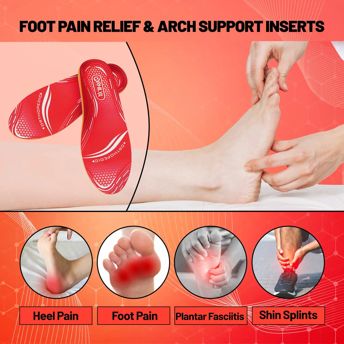 Collection Mode - Semelles orthopédiques pour soutien plantaire – semelles rouges avec motif ergonomique et soutien visible pour le pied