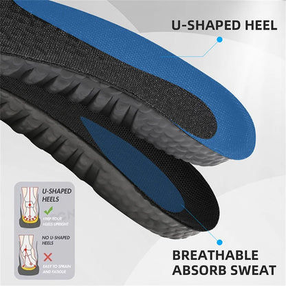 Collection Mode - Semelles sportives EVA avec absorption des chocs – vue détaillée du talon en U et de la surface respirante en bleu