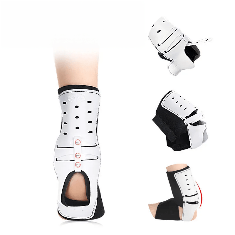 Attelle cheville boa – vue détaillée d'une attelle blanche avec perforations, fixée sur une cheville, montrant son design ergonomique.