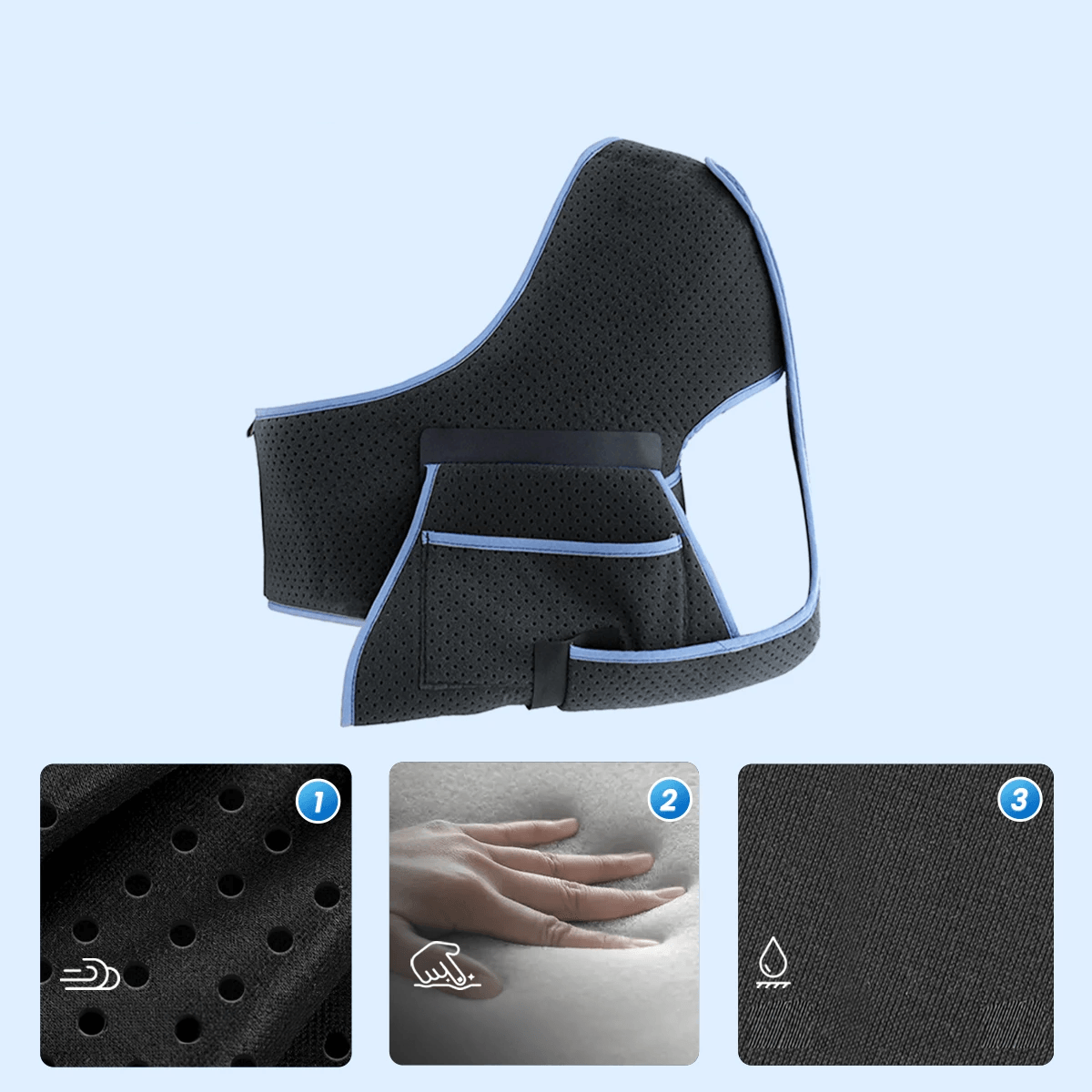 Attelle bras épaule noire avec détails en bleu, en tissu mesh respirant, vue de côté montrant son design ergonomique.
