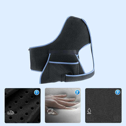 Attelle bras épaule noire avec détails en bleu, en tissu mesh respirant, vue de côté montrant son design ergonomique.