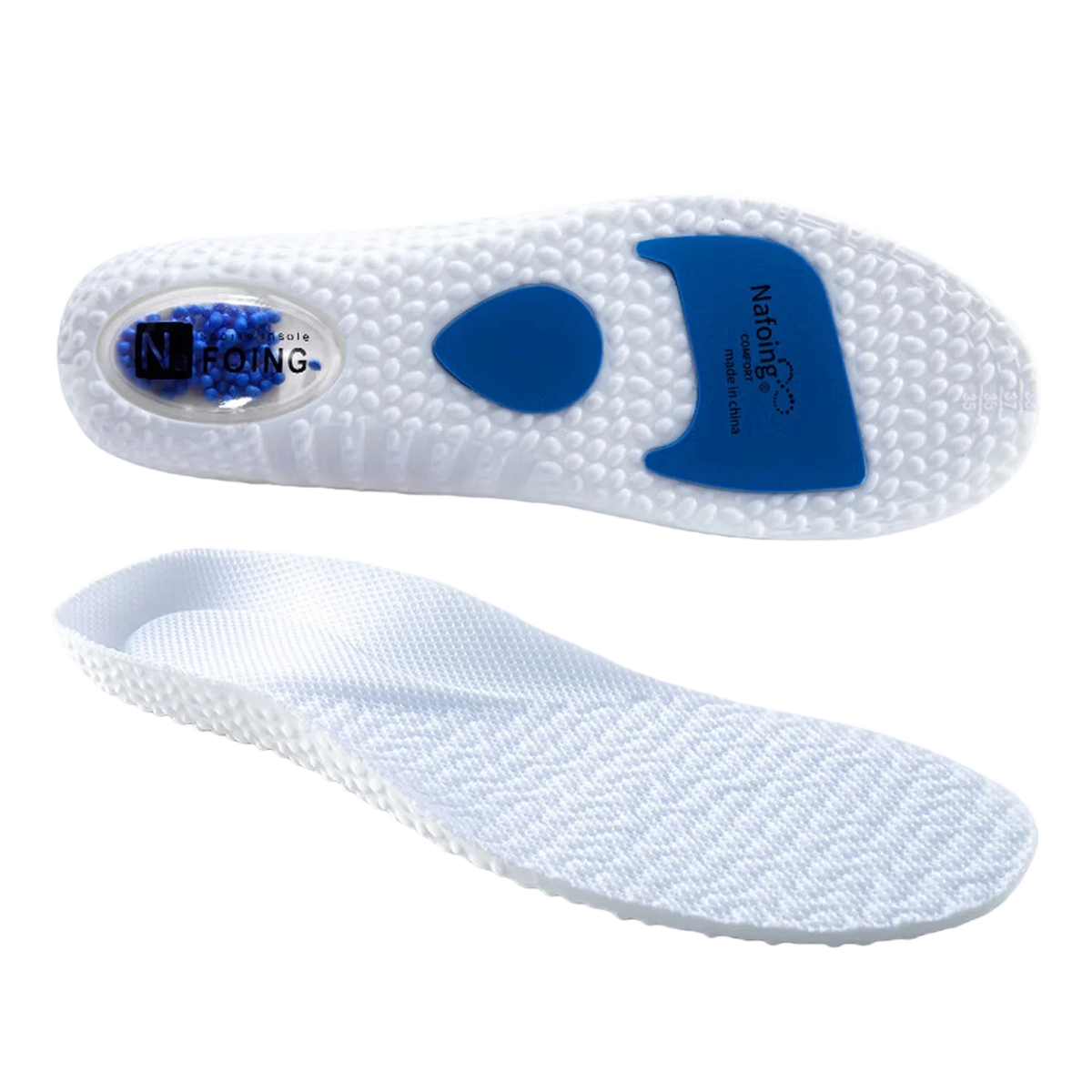 Collection Mode - Semelles sportives EVA avec absorption des chocs – semelles blanches avec une texture alvéolée et un renfort bleu