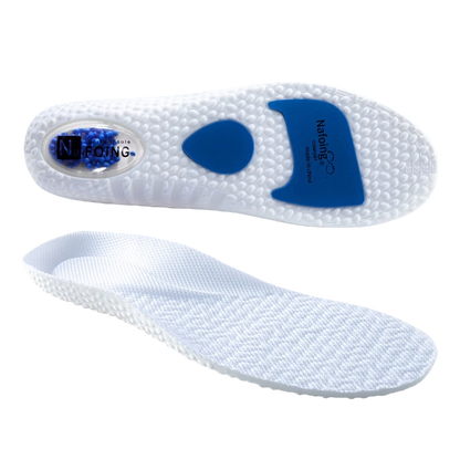 Collection Mode - Semelles sportives EVA avec absorption des chocs – semelles blanches avec une texture alvéolée et un renfort bleu