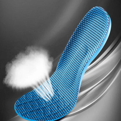 Collection Mode - Semelles orthopédiques avec soutien de voûte en bleu, vue de profil montrant la texture en mesh et le design ergonomique.