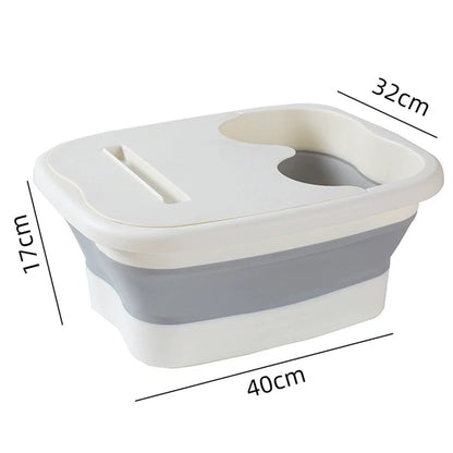 Bain de pied - Bassin pliable ergonomique en plastique durable, vue de côté avec ouverture pour accessoires, dimensions 40cm x 32cm x 17cm.