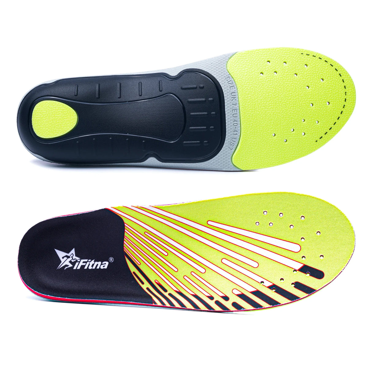 Semelles orthopédiques confort pour pieds plats et – vue supérieure et inférieure des semelles avec design ergonomique en noir et jaune fluo