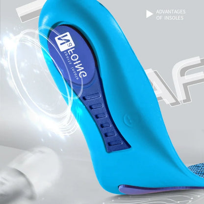 Collection Mode - Semelles orthopédiques avec soutien de voûte en bleu, vue de près montrant le support de voûte et les détails ergonomiques.