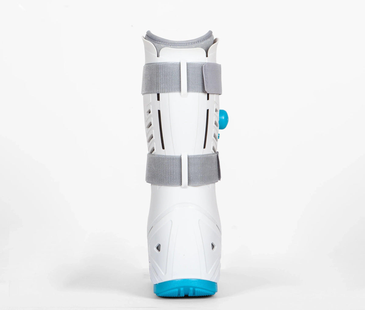 Attelle Bottes de marche AirCast – vue arrière montrant le design blanc avec des détails gris et bleu, mettant en avant les sangles de maintien.