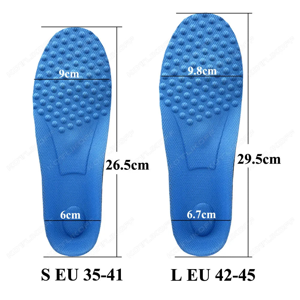 Collection Mode - Semelles orthopédiques confort pour pieds plats - vue du dessous avec dimensions et texture en relief, couleur bleue.
