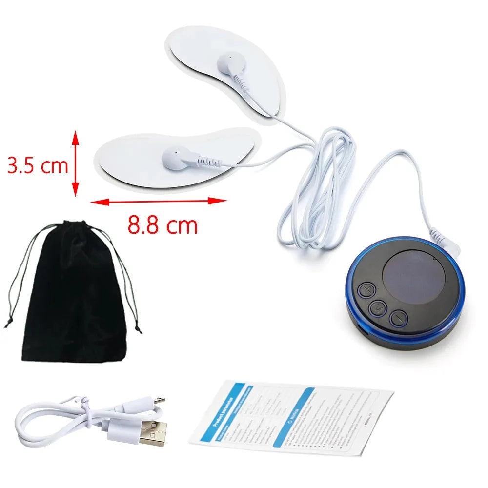 Appareil de massage facial anti-déformable – vue du dispositif avec électrodes et câble, incluant un sac de rangement et un câble USB
