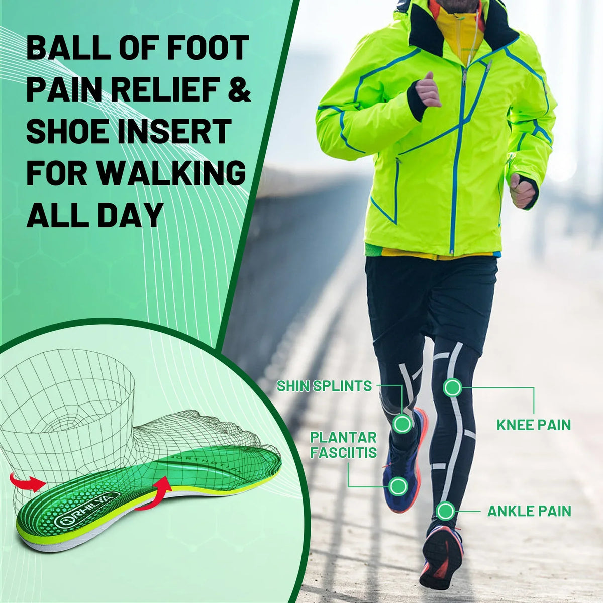 Collection Mode - Semelles orthopédiques vertes intégrées dans des chaussures de course, illustrant le soutien plantaire et le confort en action.