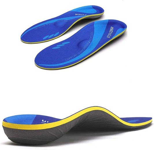 Collection Mode - Semelles orthopédiques confort pour soulagement du pied – semelles en bleu et jaune avec design ergonomique et courbure prononcée