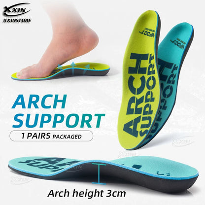 Semelles orthopédiques avec soutien de voûte – semelles bleu et vert avec inscription 'ARCH SUPPORT' et courbure ergonomique