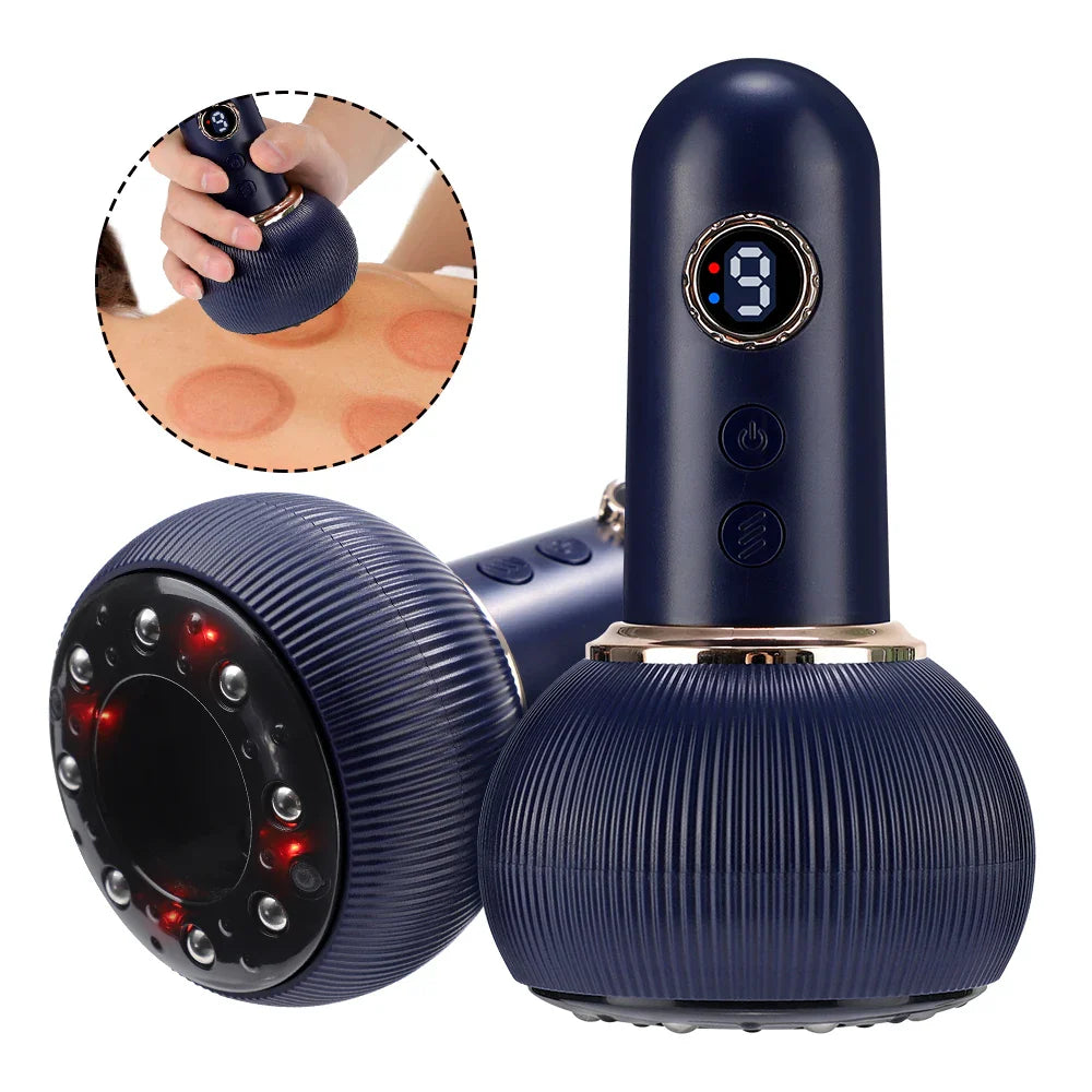 Appareil de massage design à ventouse – couleur bleu marine avec surface texturée et écran de contrôle, utilisé sur la peau pour un massage relaxant