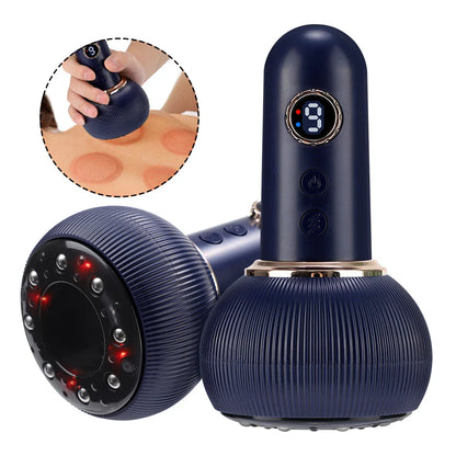 Appareil de massage design à ventouse – couleur bleu marine avec surface texturée et écran de contrôle, utilisé sur la peau pour un massage relaxant