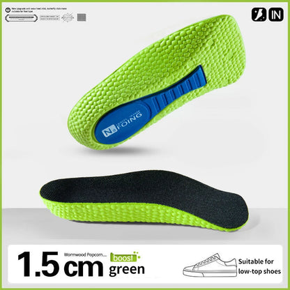 Collection Mode - Semelles orthopédiques en mousse à mémoire pour soutien – semelles vertes avec texture et renfort bleu, vue en perspective