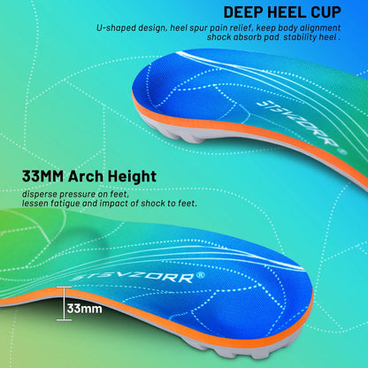 Semelles orthopédiques pour soulager la fasciite – vue en détail montrant le design ergonomique et la hauteur de la voûte plantaire de 33 mm