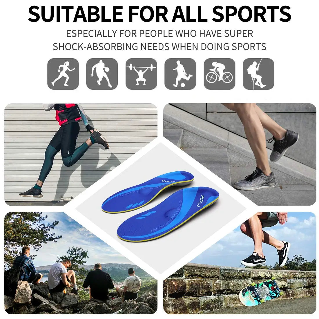 Collection Mode - Semelles orthopédiques confort pour soulagement du pied, en bleu avec une semelle intérieure ergonomique, vue de dessus