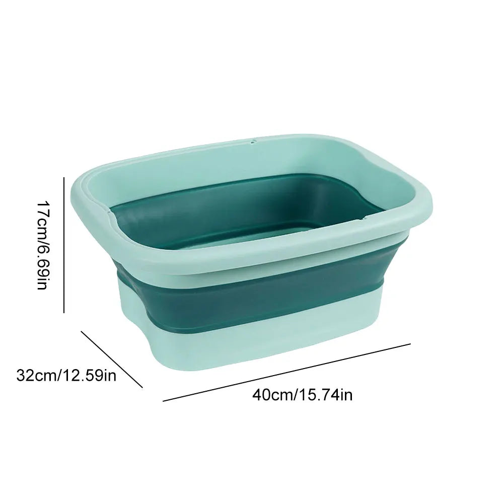 Bain de pied pliable en plastique durable, couleur bleu et vert, vue en perspective avec dimensions indiquées sur un fond blanc.