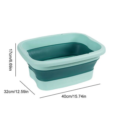 Bain de pied pliable en plastique durable, couleur bleu et vert, vue en perspective avec dimensions indiquées sur un fond blanc.