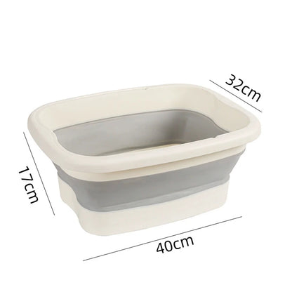 Bain de pied - Bassin pliable ergonomique pour usage à domicile et en – bassin rectangulaire en plastique beige et gris, vue de dessus, vide.