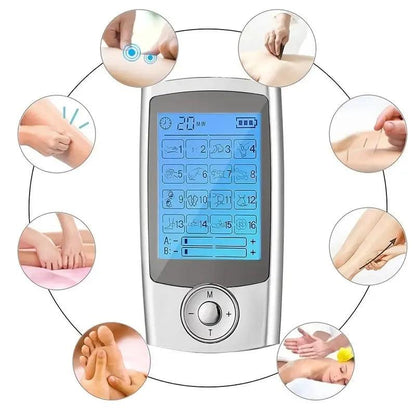 Appareil de Massage à Impulsions Électriques ElectroWave Relaxer – écran numérique affichant les modes de massage et icônes d'utilisation