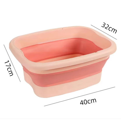 Bain de pied - Bassin pliable ergonomique en plastique durable, vue de côté avec dimensions indiquées, couleur douce et apaisante.