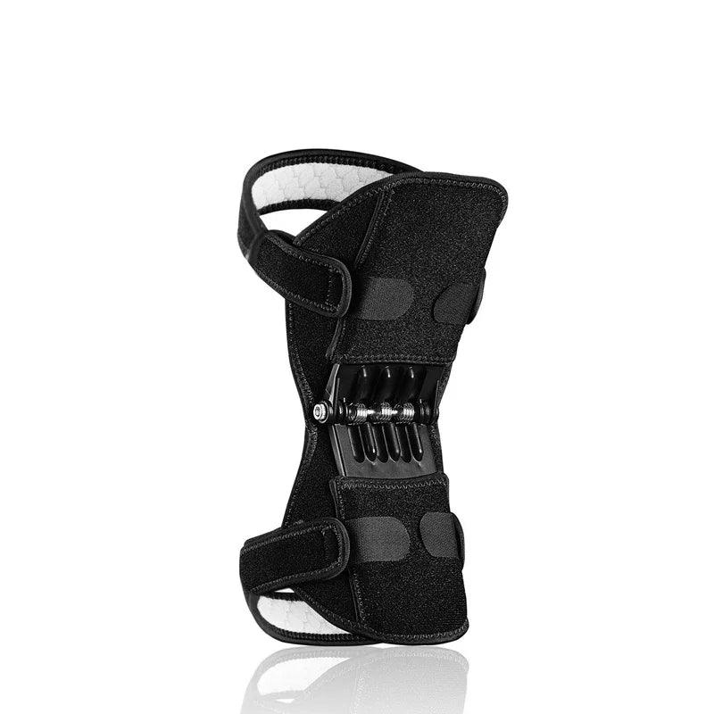 Attelle articulée du genou – vue de face mettant en avant le design noir et les sangles en velcro, avec le mécanisme de réglage visible.