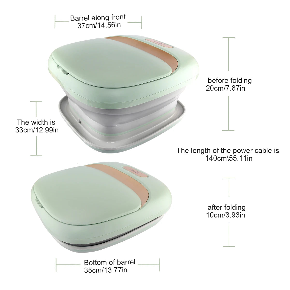 Bain de pied - Bassin pliable pour un massage relaxant des pieds, vue de dessus avec dimensions visibles, couleur vert pastel et design moderne.