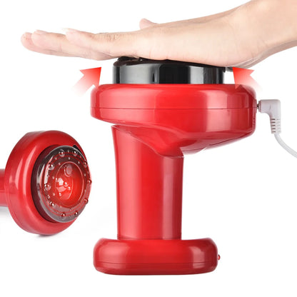 Appareil de massage à ventouse rouge – vue rapprochée montrant la main sur l'appareil et les détails de la texture en silicone