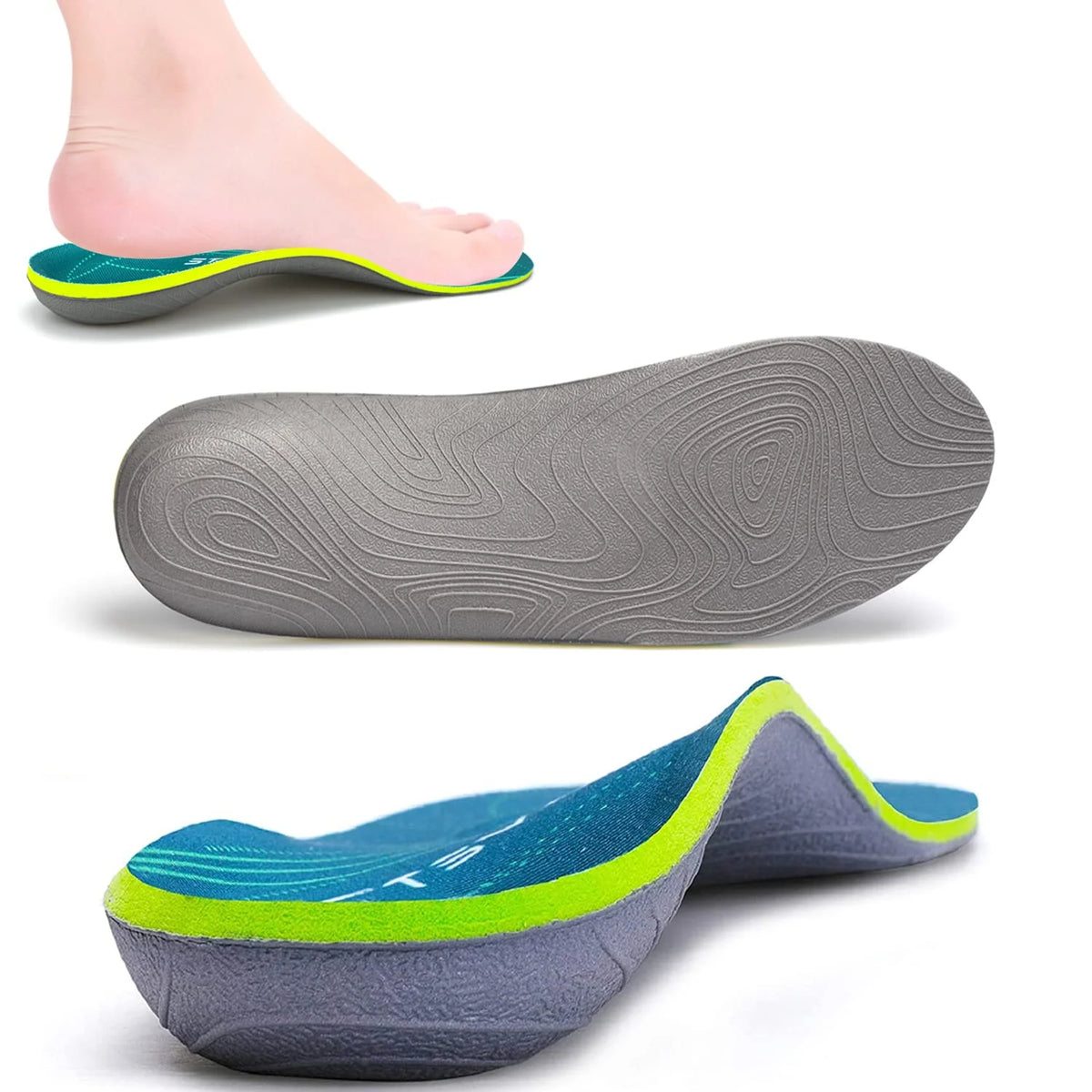 Collection Mode - Semelles orthopédiques pour soutien plantaire et confort – vue des semelles en gris et bleu avec contours verts et soutien de voûte