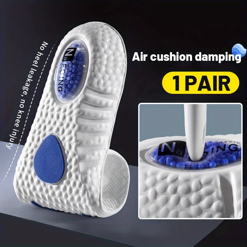 Semelles orthopédiques absorbant les chocs et respirantes – Détail de la semelle avec coussin d'air, couleur blanche et bleue, vue de face