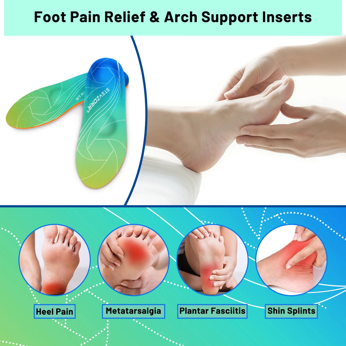 Semelles orthopédiques pour soulager la fasciite – vue générale avec design coloré et confort ergonomique, utilisées sous un pied en position de repos