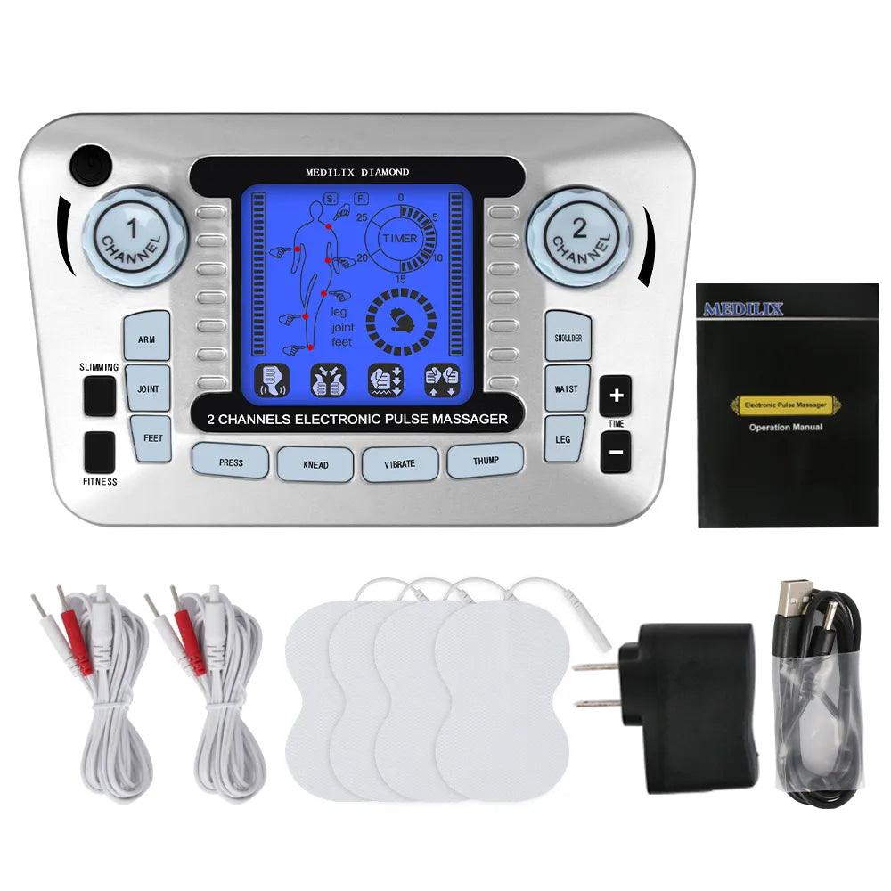 Appareil de Massage à Impulsions Électriques PulseRelax – vue de face avec écran bleu affichant des réglages et accessoires de massage