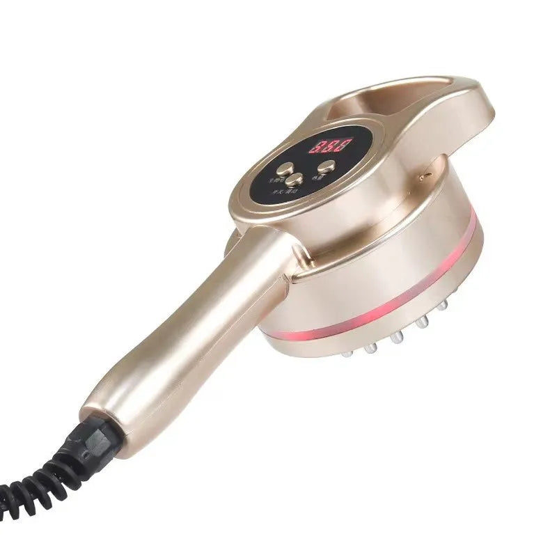 Brosse de massage électrique amincissante dorée avec écran digital et picots massants, vue en angle mettant en avant le design ergonomique.